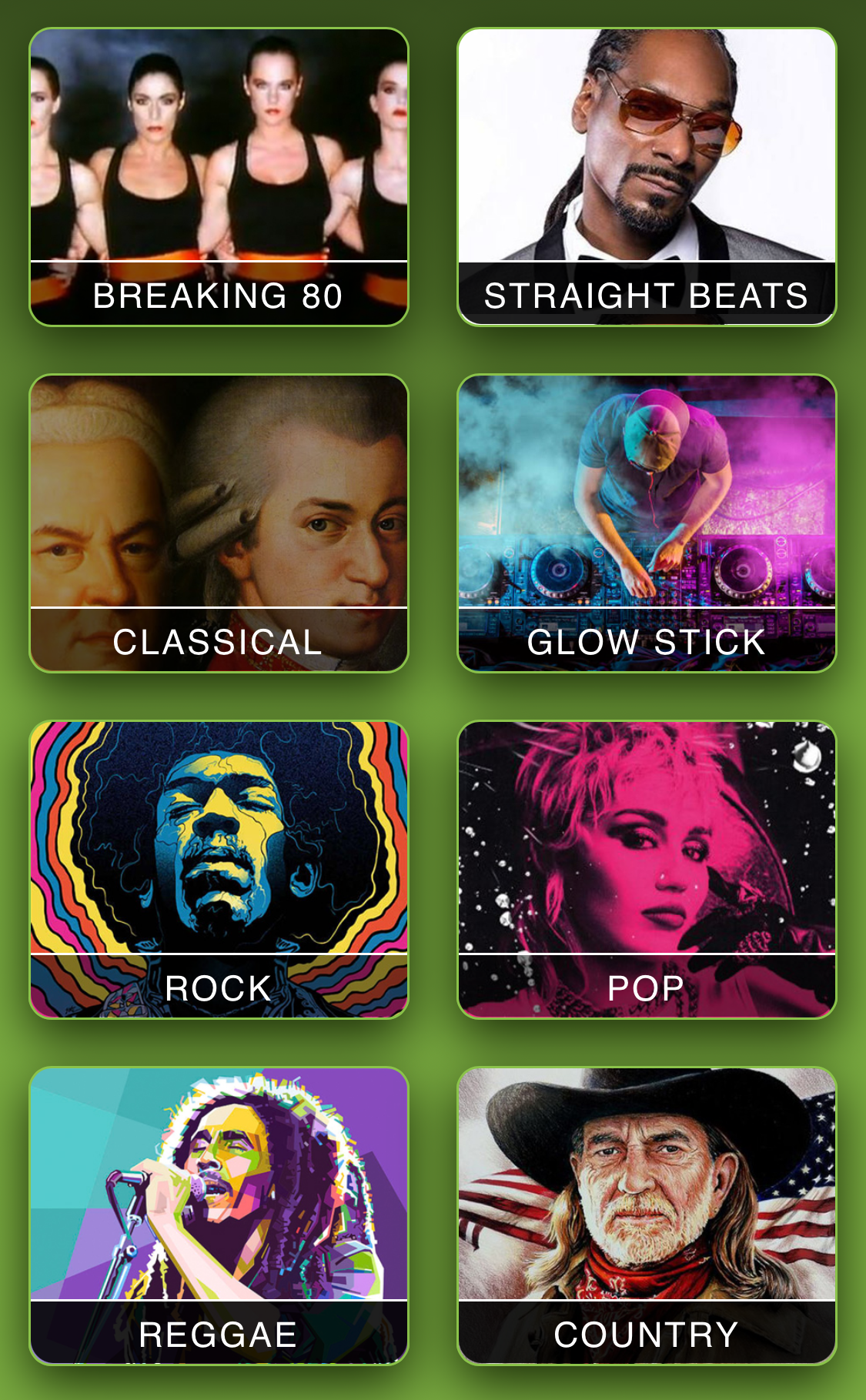 Golf BPM Music Stations — Breaking 80, Straight Beats, Classical, Glow Stick, Rock, Pop, Reggae, Country